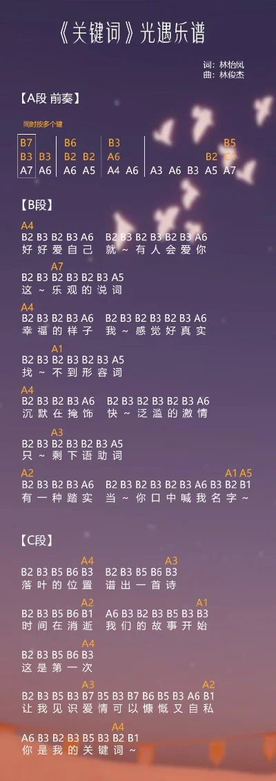 《光遇》吉他谱：林俊杰《关键词》中国风旋律教程